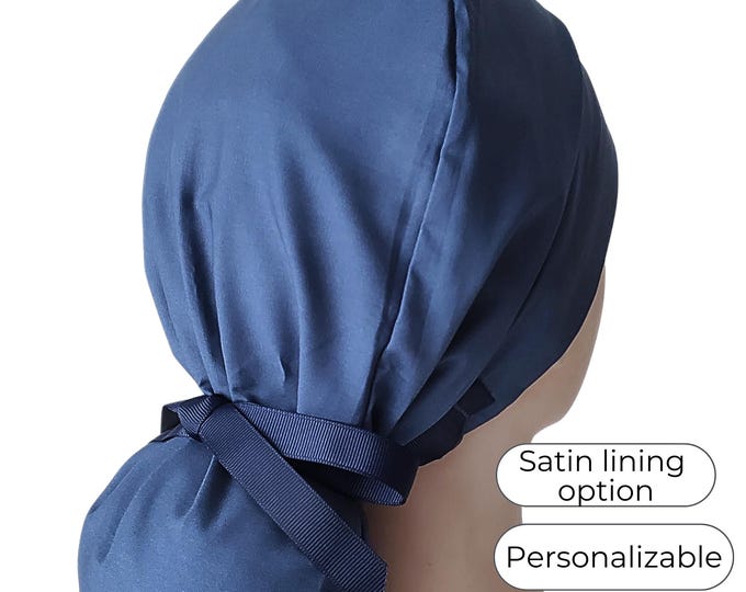 Scrub Hat Ponytail Style with Satin Lining Option: Solid Blue with Ribbon