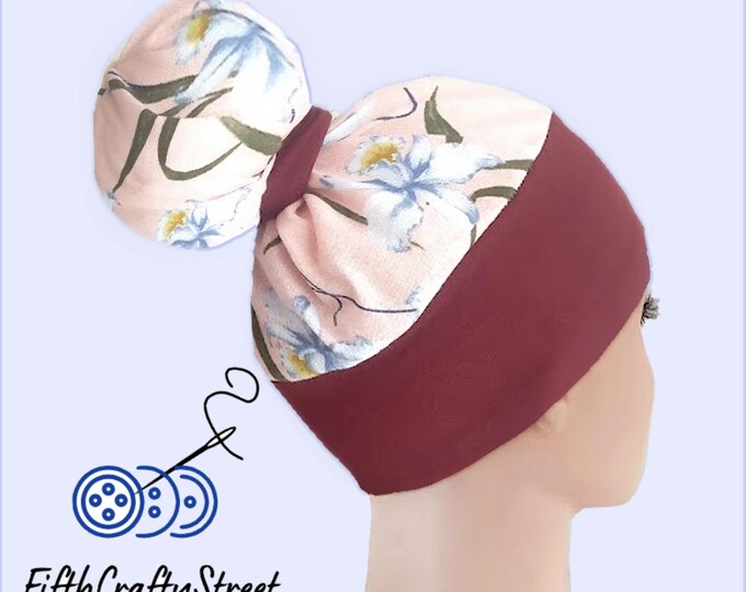 High Bun Scrub Cap, Stretchy Knit Jersey Hats, pink maroon Floral - FifthCraftyStreet