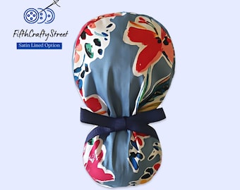 Bonnet de gommage queue de cheval pour femme - Bonnet de chirurgie floral avec doublure en satin soyeux (option)