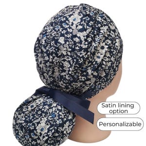 Navy Floral Ponytail Scrub Cap: Cotton Surgical Hat with Satin Lining