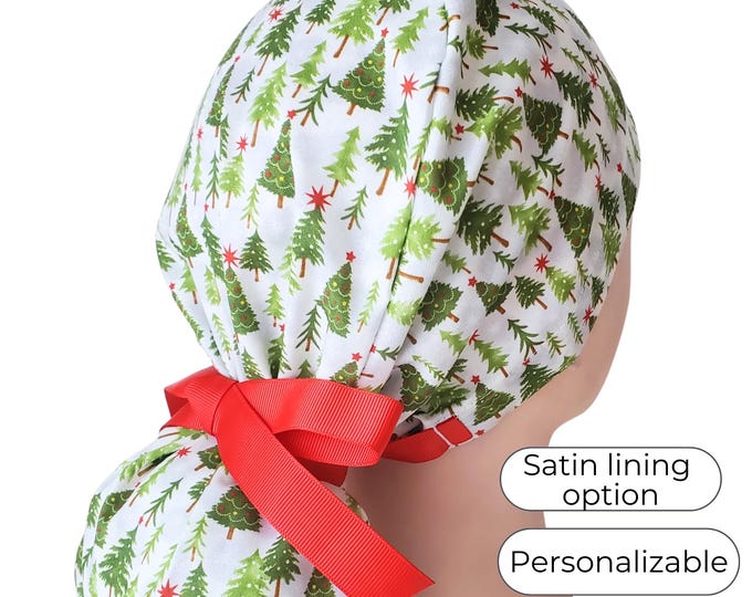 Christmas Tree Ponytail Scrub Cap Satin Lined Options Adjustable Surgical Hat for Women