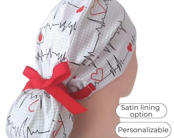 Ponytail Scrub Cap for Women - Satin Lining option - Heartbeat - EKG