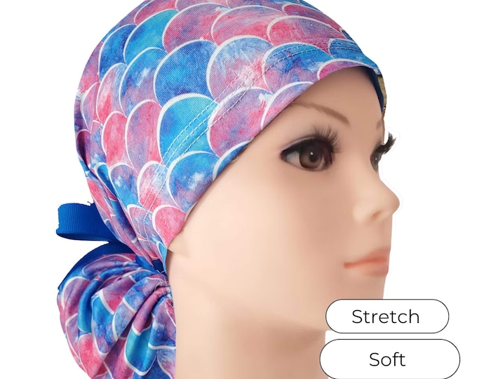 Stretchy  Ponytail Scrub:  Mermaid print Soft Adjustable Nurse Cap