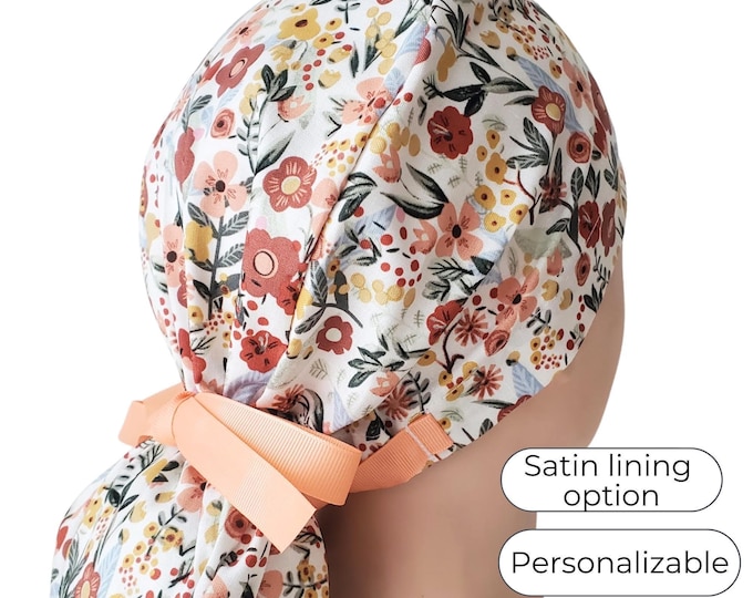 Peach Floral Ponytail Scrub Cap: Satin Lined, Personalized Nurse Hat
