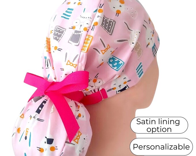 Bunny Ponytail Scrub Cap for Women - Satin Lined Surgical Cap - FifthCraftyStreet