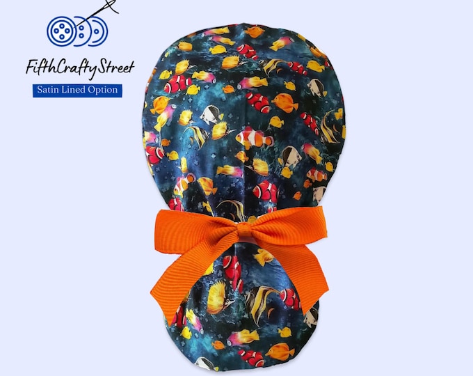 Satin Lined Scrub Cap Ponytail style - Deep Ocean Surgical Cap for Women Colorful Fish - FifthCraftyStreet