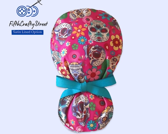 Ponytail Scrub Cap - Day of the Dead Scrub Cap - Sugar Skull - FifthCraftyStreet