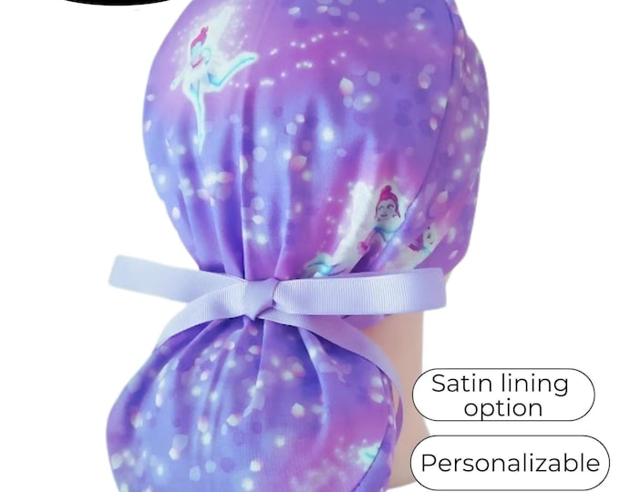 Scrub Caps for Women Ponytail Style with Personalization Option: Glow in the Dark on purple