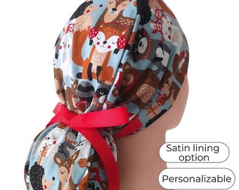 Winter Forest Animal Ponytail Scrub Cap Satin Lined Surgical Hat for Women