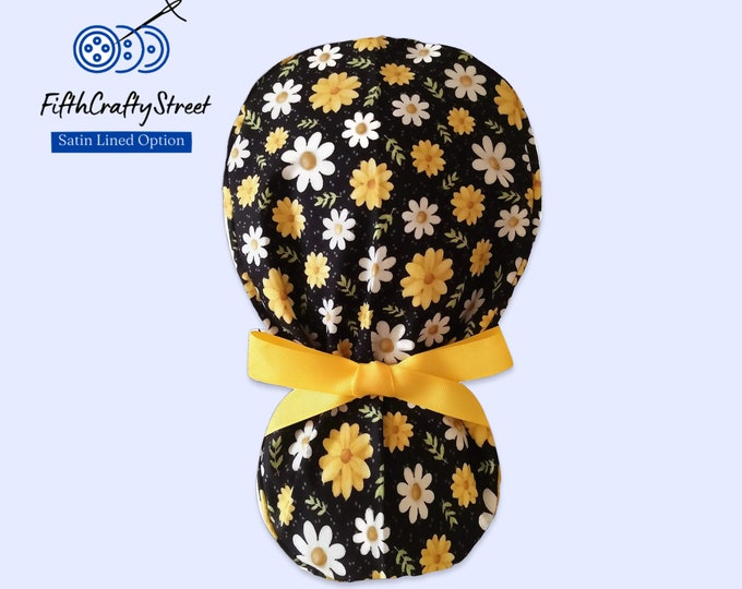 Ponytail Scrub Cap - Surgical Cap - Satin Lining Option - Daisy on black - FifthCraftyStreet