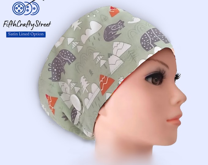 Euro Scrub Caps - Satin Lined option - Adjustable - Wildlife - greyish green - FifthCraftyStreet