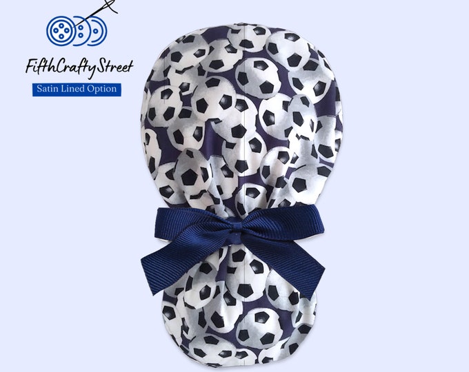Soccer navy Ponytail Scrub Cap - Surgical Cap Buttons, Satin Lined Options - FifthCraftyStreet