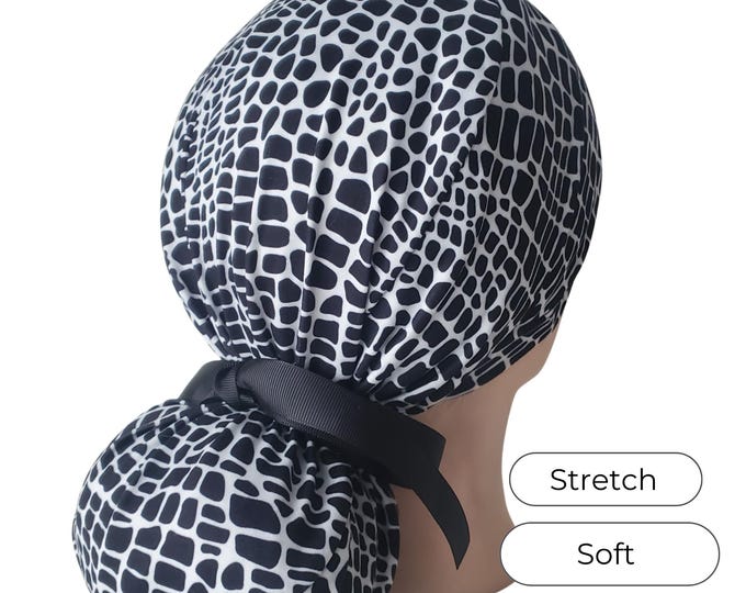 Stretch Ponytail Scrub Cap Soft Adjustable: Black White Print