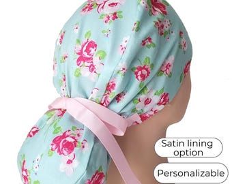 Ponytail Scrub Cap for Women - Surgical Cap - Silky Satin Lining Option - Floral - FifthCraftyStreet