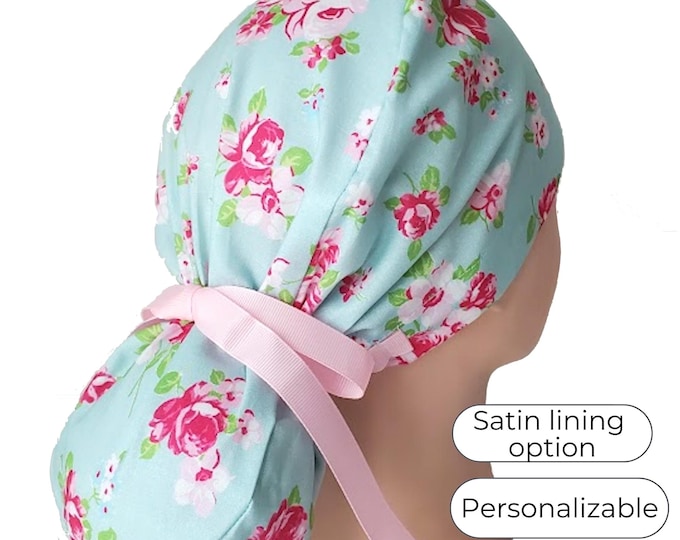 Ponytail Scrub Cap for Women - Surgical Cap - Silky Satin Lining Option - Floral - FifthCraftyStreet