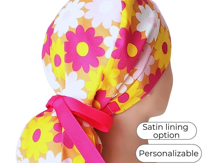 Floral Ponytail Scrub Cap for Women - Doctor Hat with Satin Lining Option