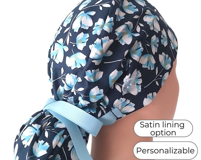 Navy Floral Ponytail Scrub Cap: Cotton Surgical Hat with Satin Lining