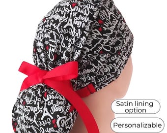 I Love Paris Ponytail Scrub Cap: Satin Lined Cotton Surgical Hat