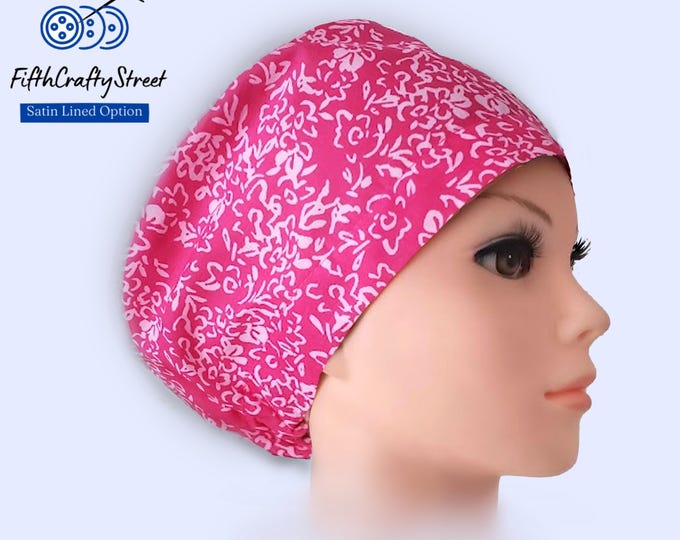 Euro Scrub Cap for Women  - Adjustable - Satin Lined Scrub Cap - Floral Pink - very light cotton - FifthCraftyStreet