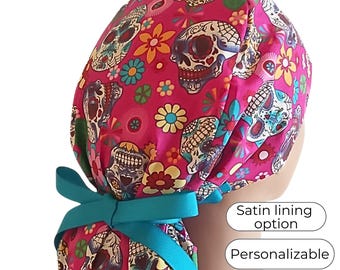 Ponytail Scrub Cap - Day of the Dead Scrub Cap - Sugar Skull -