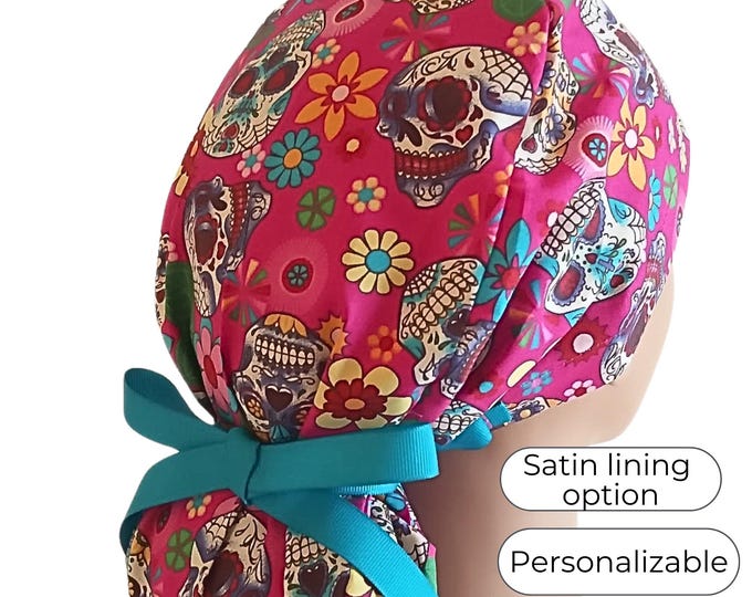 Ponytail Scrub Cap - Day of the Dead Scrub Cap - Sugar Skull - FifthCraftyStreet