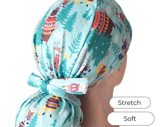 Stretch Ponytail Scrub Cap: Adjustable, Soft, Winter Woodland Animals