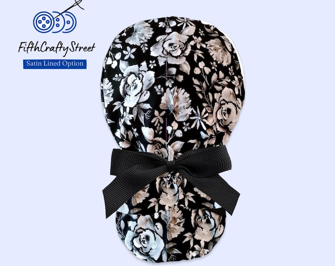 Floral Black and white Ponytail Scrub Cap for Women - Surgical Cap with Satin Lining Option - FifthCraftyStreet