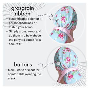 The image is a collage of two images, each featuring a different type of headwear accessory. The first image shows a headband with a floral pattern, while the second image shows a headband with a button pattern.