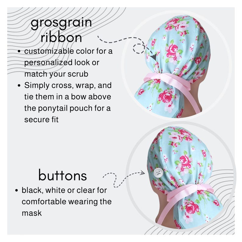 The image is a collage of two images, each featuring a different type of headwear accessory. The first image shows a headband with a floral pattern, while the second image shows a headband with a button pattern.