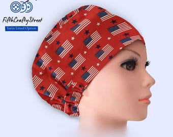 Euro Scrub Cap - Adjustable by toggle - Satin Lining option - American Flag -