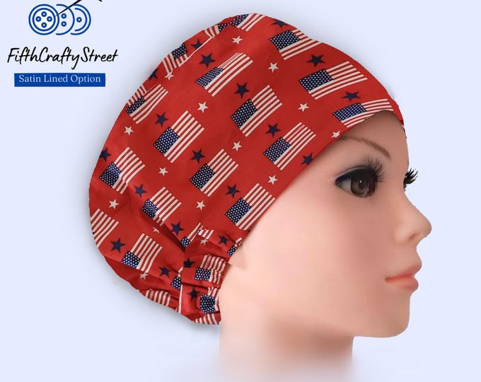 Euro Scrub Cap - Adjustable by toggle - Satin Lining option - American Flag -