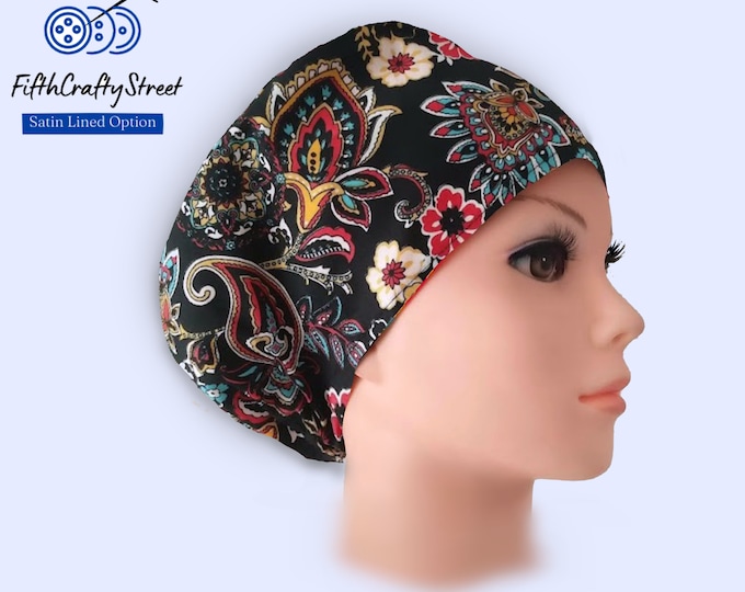 Floral Black Euro Scrub Caps - Adjustable - Satin Lining option - FifthCraftyStreet