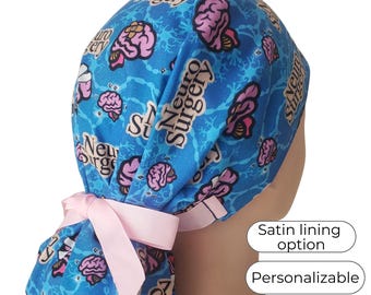 Ponytail Scrub Cap for Women: Satin Lining Option, Neurosurgery Print