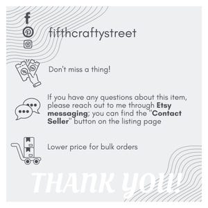 Puede incluir: Fondo blanco con el texto "fifthcraftystreet" e iconos de redes sociales. La imagen incluye las frases "&iexcl;No te pierdas nada!" y "Precio m&aacute;s bajo para pedidos al por mayor". Tambi&eacute;n proporciona instrucciones sobre c&oacute;mo contactar al vendedor.
