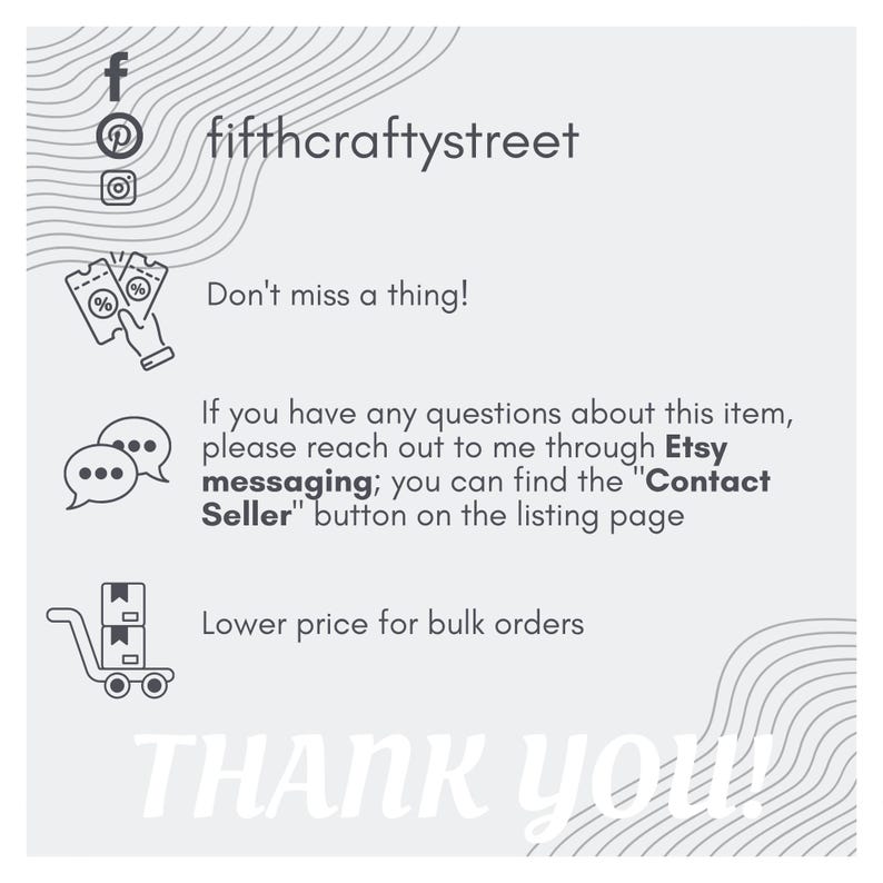 Puede incluir: Fondo blanco con el texto "fifthcraftystreet" e iconos de redes sociales. La imagen incluye las frases "&iexcl;No te pierdas nada!" y "Precio m&aacute;s bajo para pedidos al por mayor". Tambi&eacute;n proporciona instrucciones sobre c&oacute;mo contactar al vendedor.