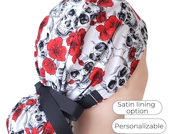 Ponytail Scrub Cap - Skull Surgical cap for Women - Satin Lining option - FifthCraftyStreet