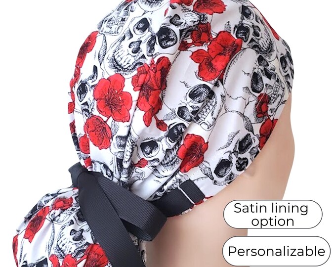 Ponytail Scrub Cap - Skull Surgical cap for Women - Satin Lining option - FifthCraftyStreet
