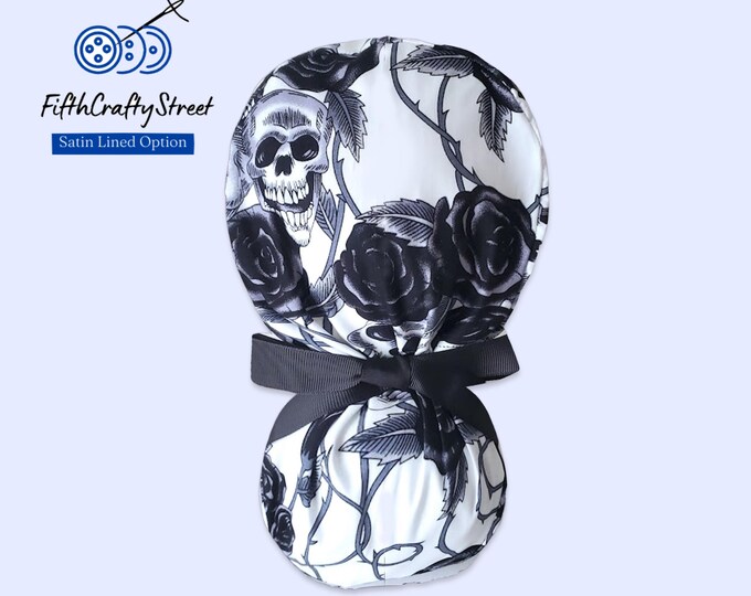 Scrub Cap Ponytail - Skull with red Eyes - Surgical Cap with Satin Lining option - FifthCraftyStreet