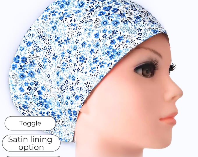 Euro Scrub Cap for Women - Floral blue- Adjustable - Satin Lined option -