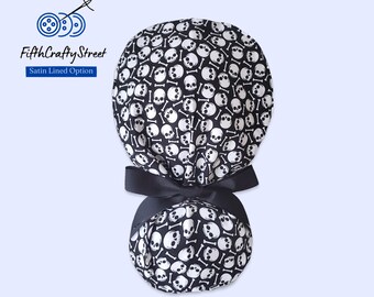 Scrub Cap Ponytail - Skull and Bones - Surgical Cap with Satin Lining option - FifthCraftyStreet