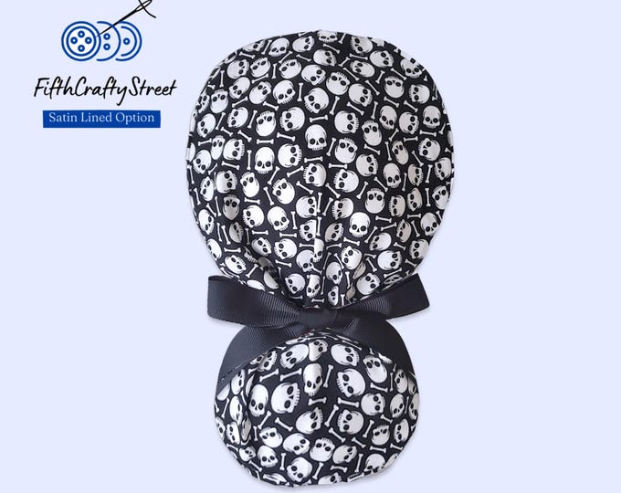 Scrub Cap Ponytail - Skull and Bones - Surgical Cap with Satin Lining option - FifthCraftyStreet