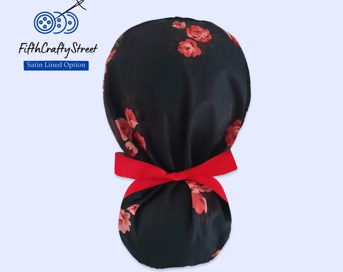 Ponytail Scrub Cap - Surgical Cap - Roses Floral - Satin Lined Option - FifthCraftyStreet
