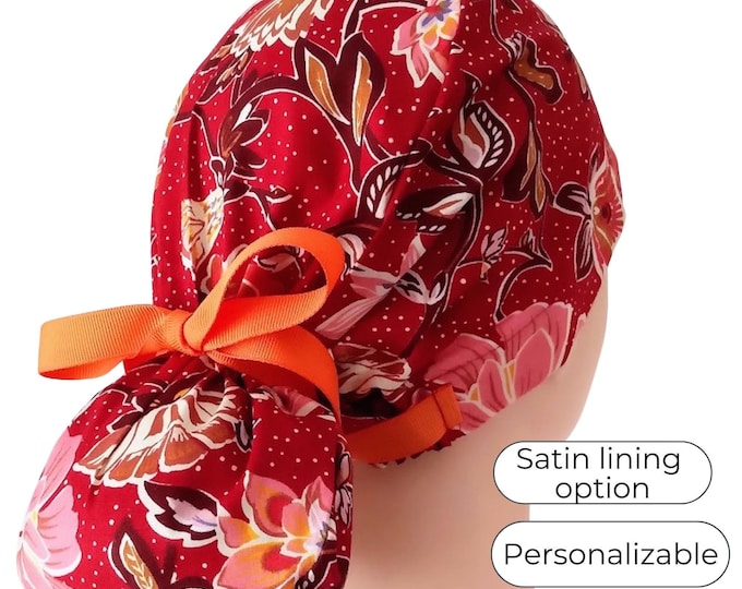 Floral Ponytail Scrub Cap with Satin Lining - Surgical Cap