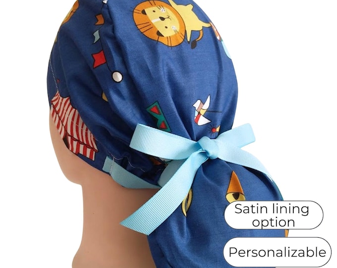 Circus Numbers Ponytail Scrub Cap: Satin Lined Cotton Surgical Cap