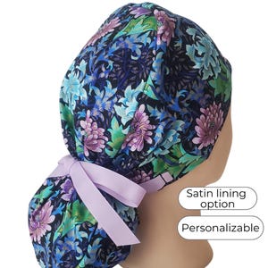 Chrysanthemum Bloom - Ponytail Scrub Cap for Women - Surgical Cap Satin Lined Option -