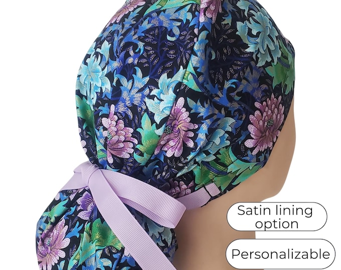 Chrysanthemum Bloom - Ponytail Scrub Cap for Women - Surgical Cap Satin Lined Option - FifthCraftyStreet