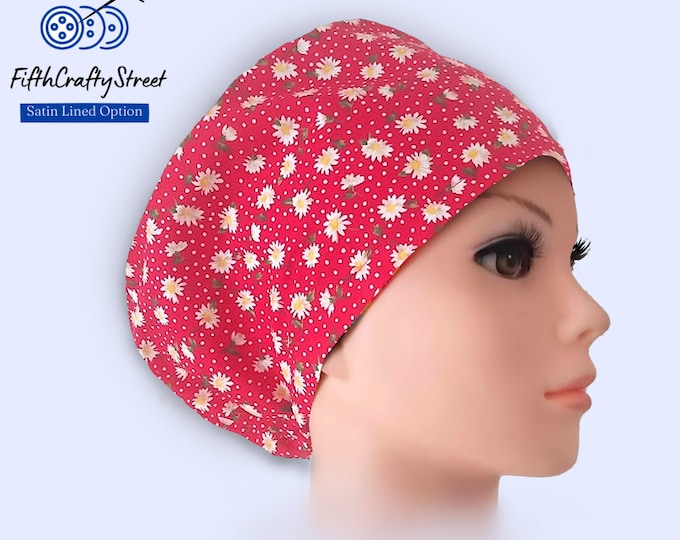 Little Daisy on Red - Euro Scrub Cap for Women - Adjustable - Satin Lining option - FifthCraftyStreet