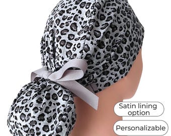 animal print grey Ponytail Scrub Cap for Women - Surgical Cap Satin Lined Option - FifthCraftyStreet