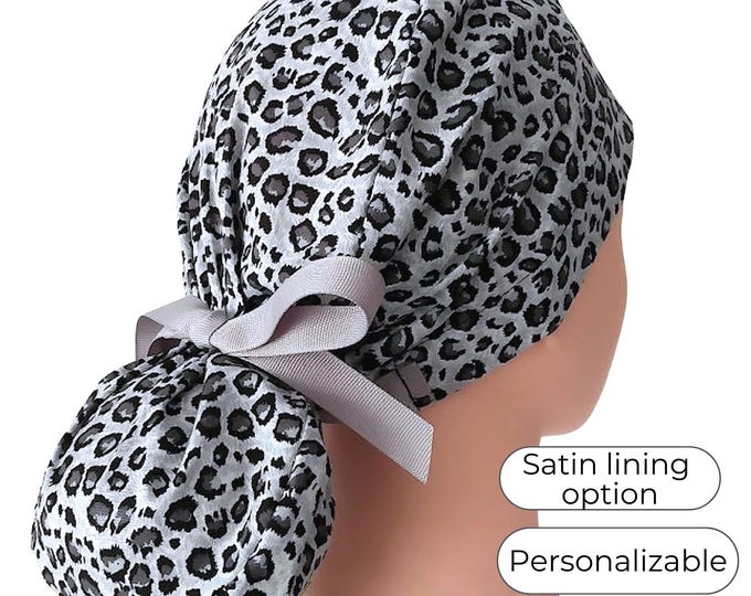 animal print grey Ponytail Scrub Cap for Women - Surgical Cap Satin Lined Option - FifthCraftyStreet