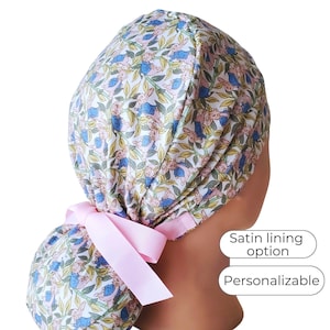 Floral Bunny in Blue Jacket Ponytail Scrub Cap: Satin Lined Cotton Surgical Hat